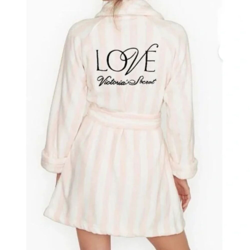 Victoria’s Secret LOVE Robe Pink White Stripe Plush Belted Bathrobe Women’s M/L